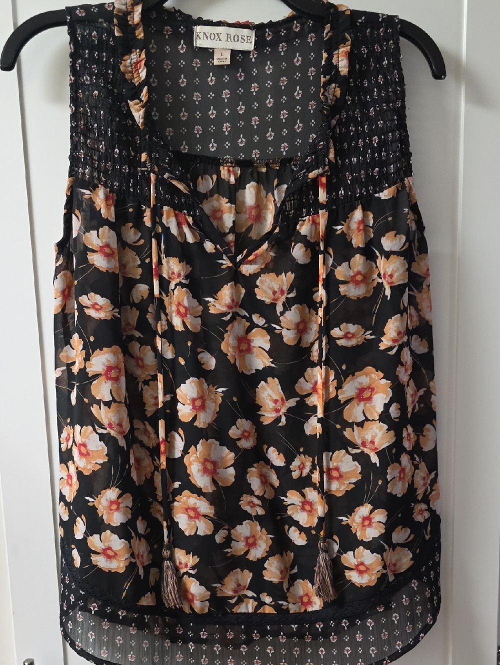 Knox Rose Sheer Black Floral Tank with Cream and Pink Blooms Size L